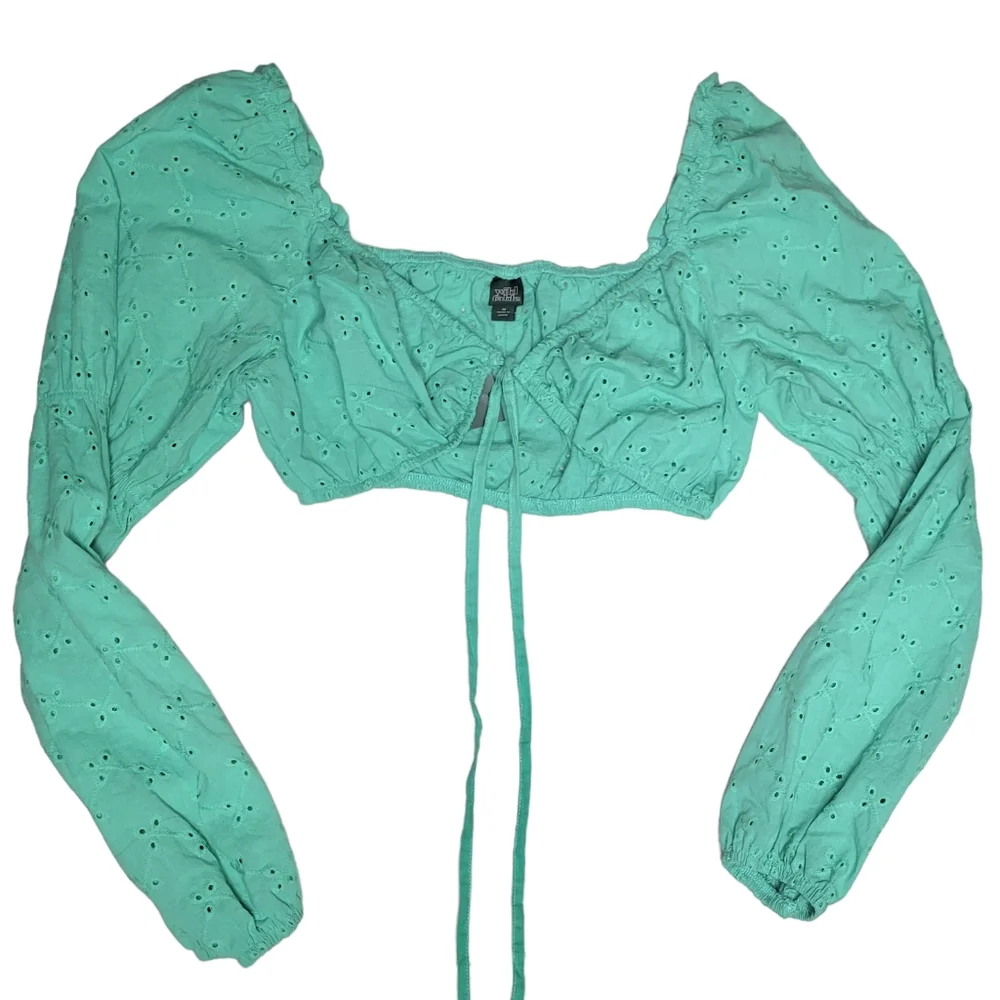 NEW Wild Fable Medium Crop Top Long Sleeve Cotton Teal Green Eyelets